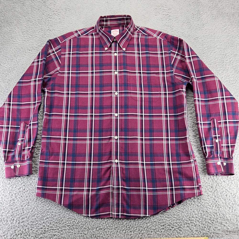 Brooks Brothers‎ Shirt Mens Large Marron Plaid Madison American Supima Button